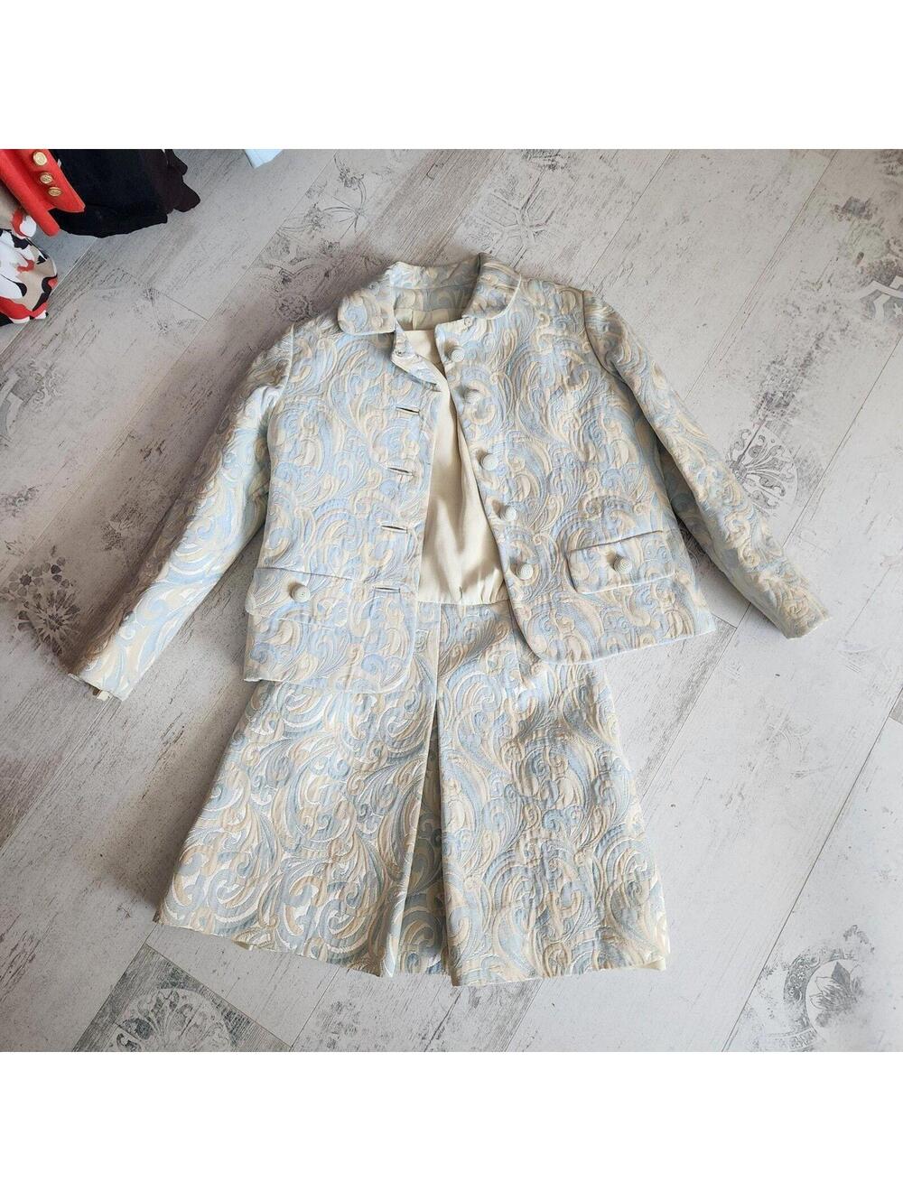 Vintage PAB Blue Cream Brocade Suit Set Jacket & Dress Women’s 5 Retro Formal